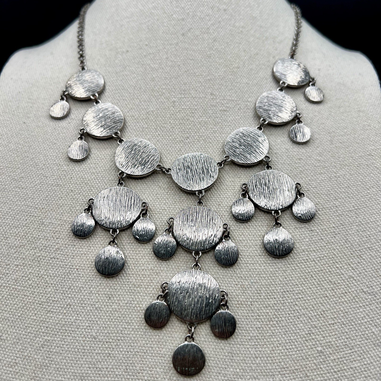 Vintage Brutalist Bib Necklace Silver Tone Disc Fringe Statement Adjustable
