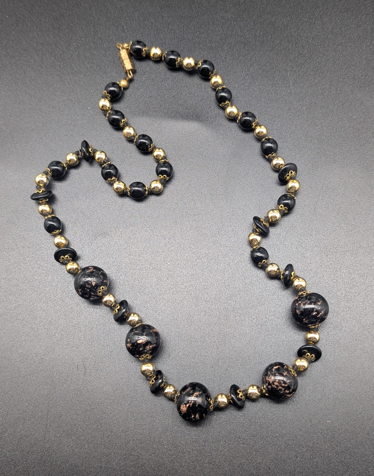 Vintage Hand Knotted Gold Tone Black & Copper Aventurine Art Glass Bead Necklace
