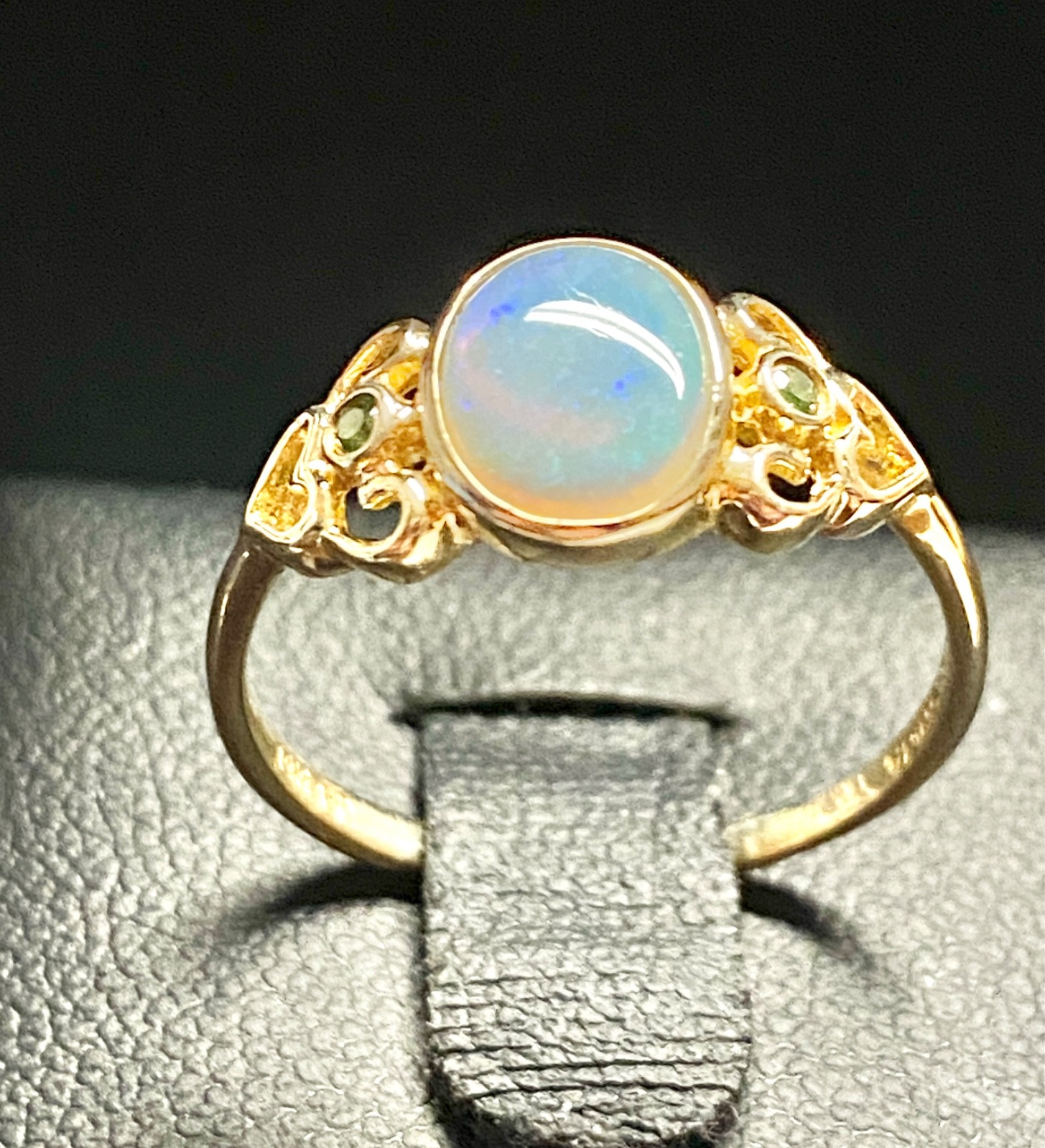 Vintage 14k Yellow Gold Heart Design Opal and Green Diamond Ring Size 7 to 7.25