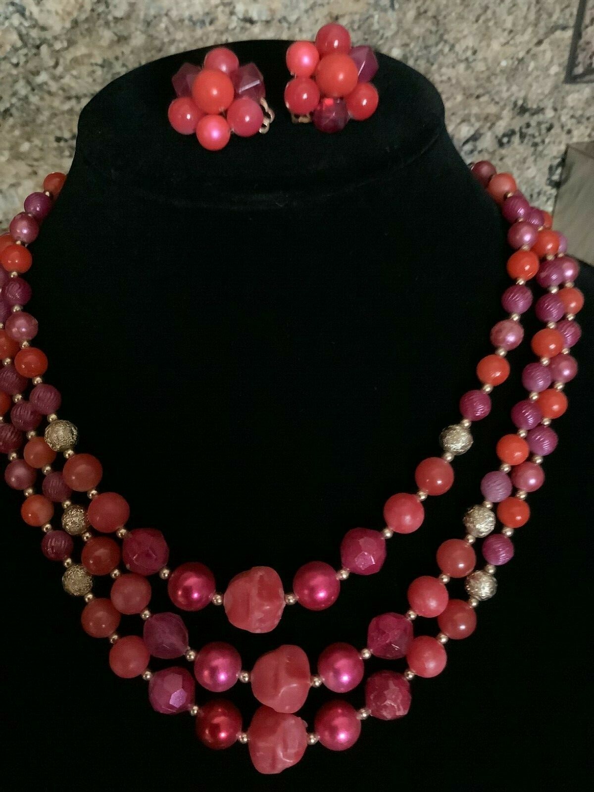 Triple Strand Vintage Pink Beads, Different shapes and tones