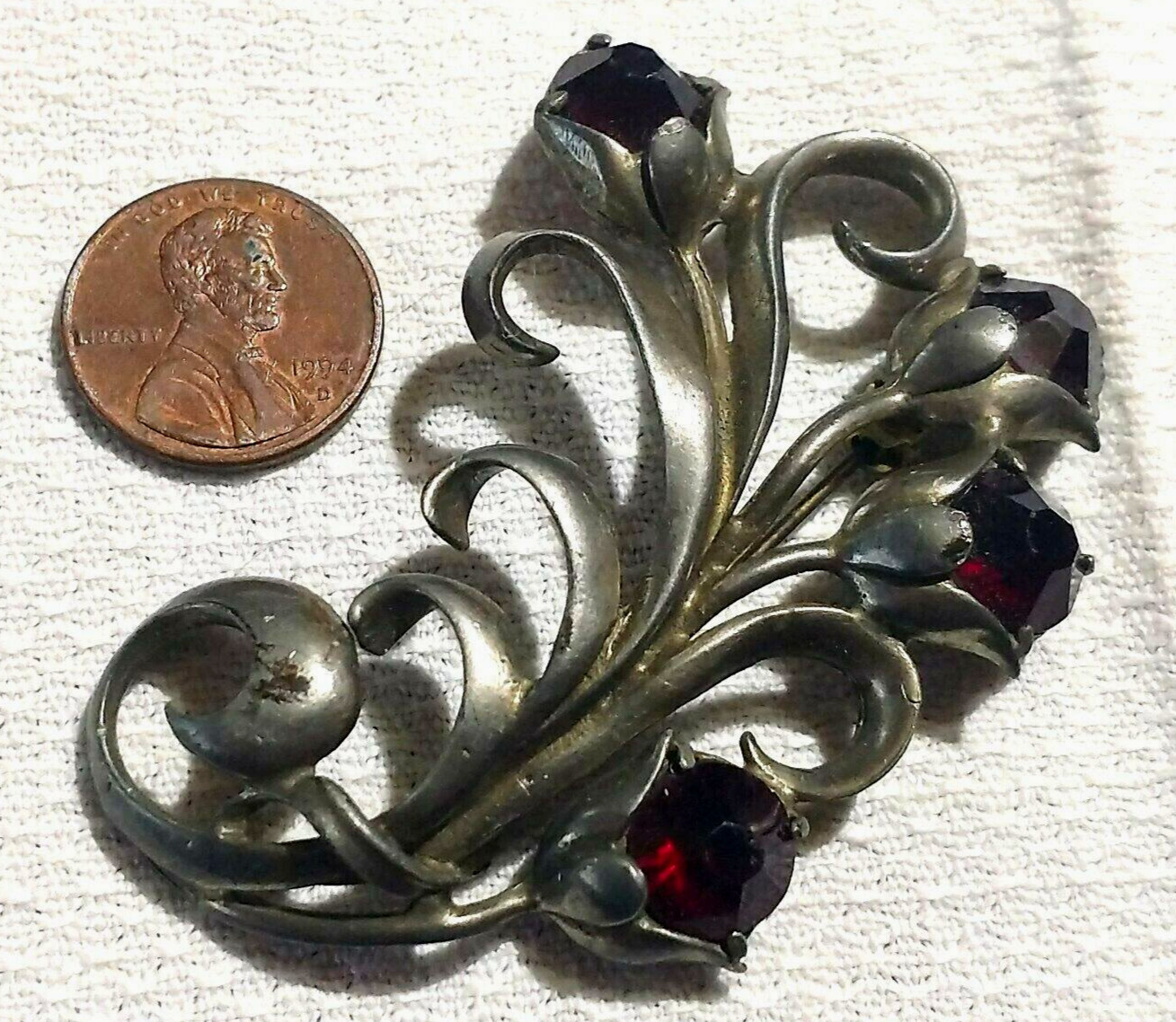 4 Red Stone Roses Art Nouveau Brooch Silver Tone Metal VTG Estate 1930’s-1950’s