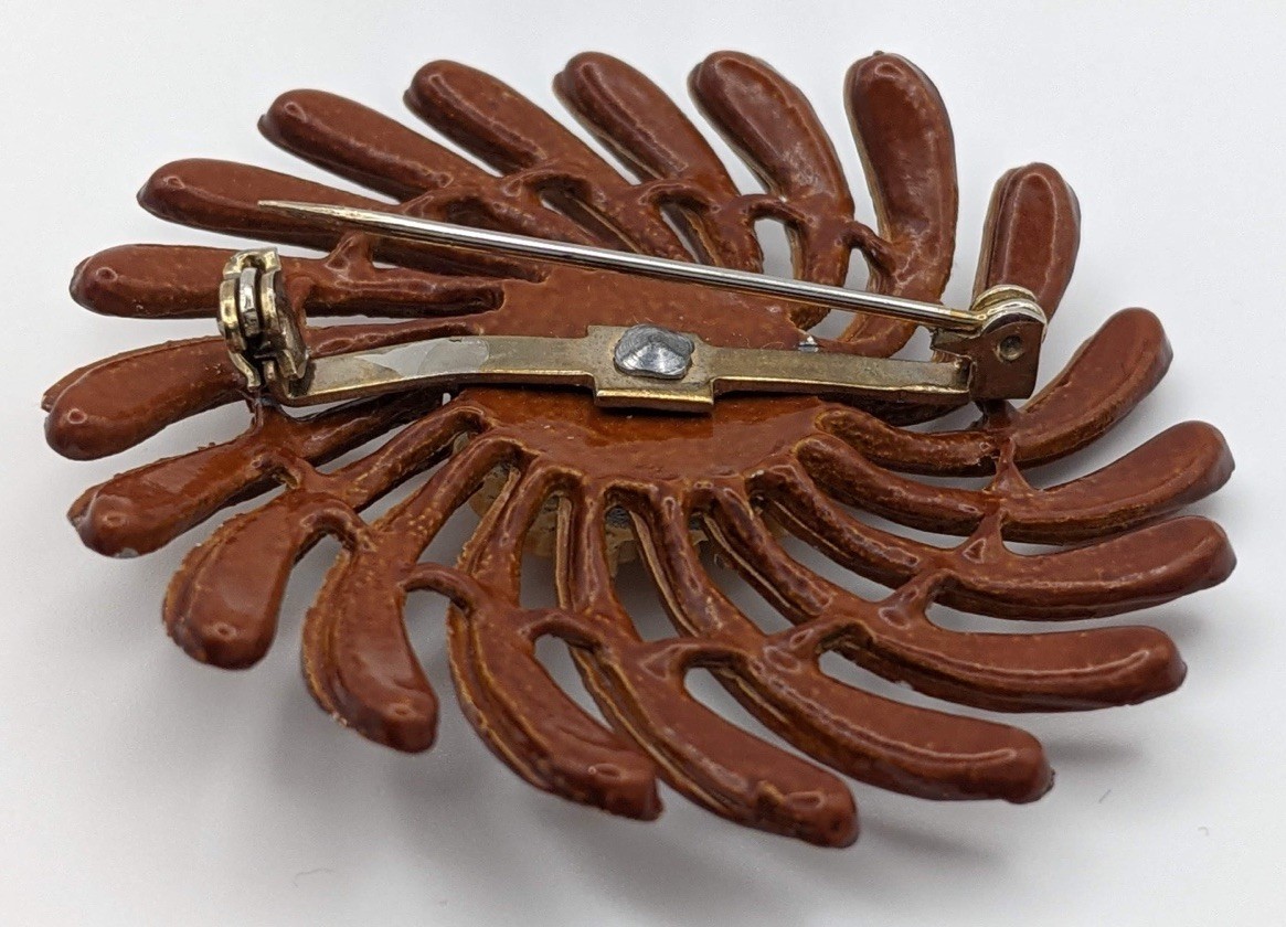 Vintage Enamel Flower Brooch Mod Brown Daisy Sunflower Pin Retro Distressed 2”..
