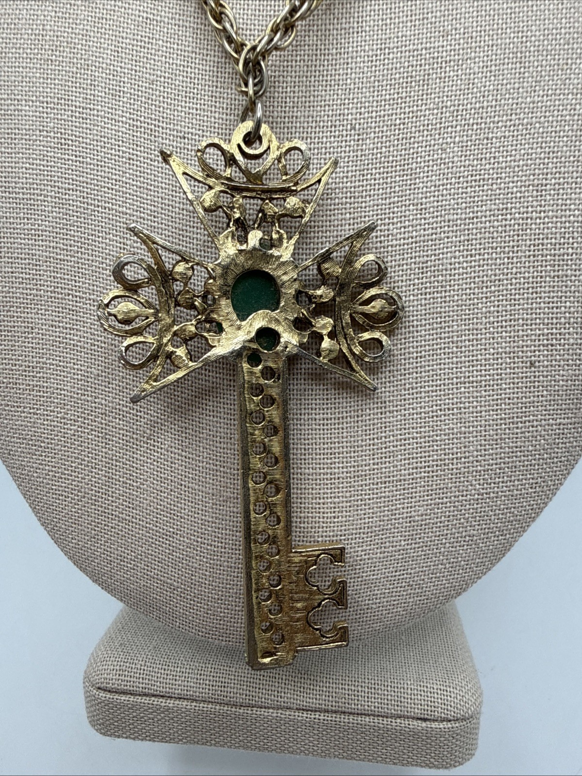 Vintage Gothic Style Cross Shaped Key Green Stone Necklace 24”