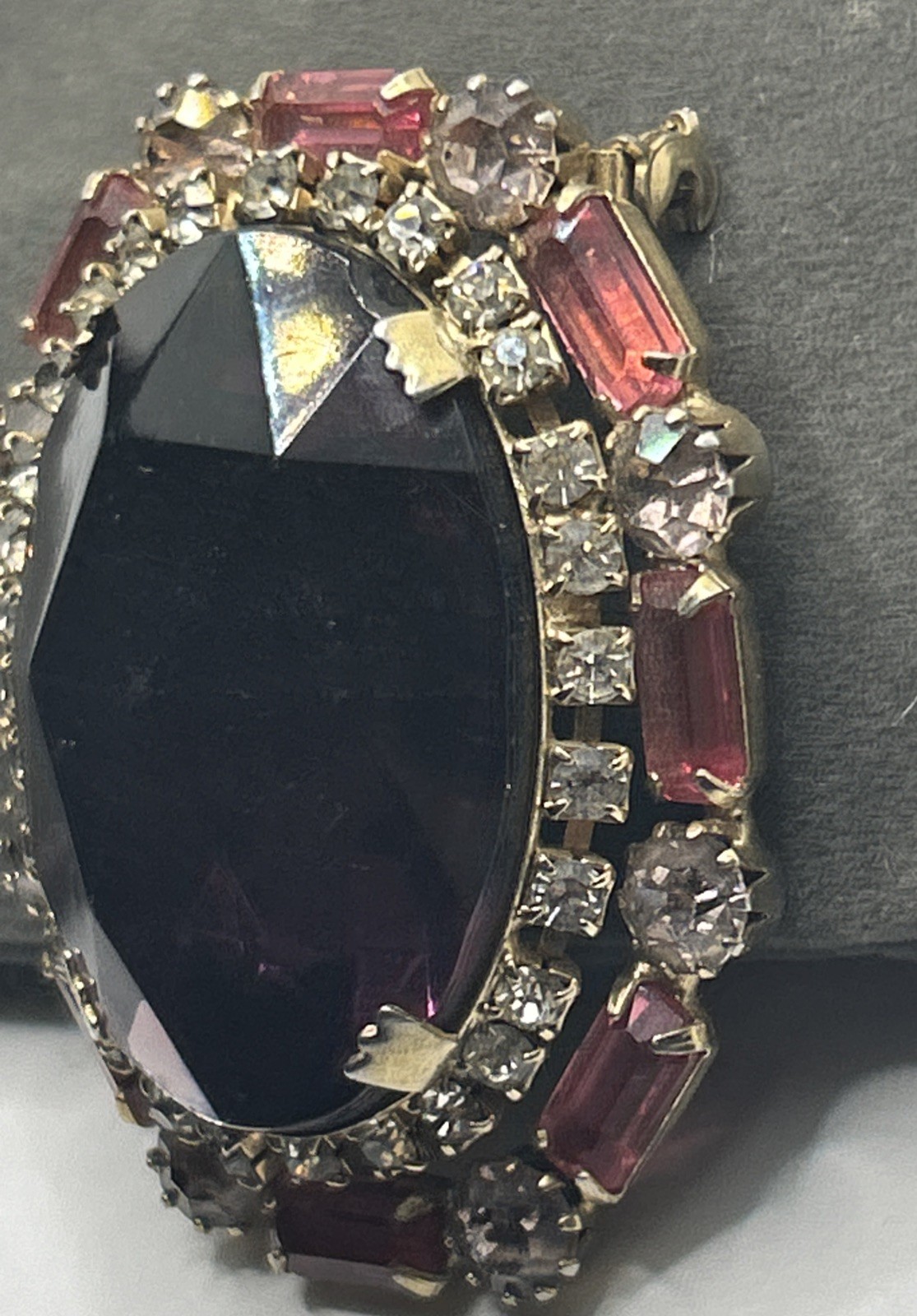 Large Pink/White Set Rhinestone Purple Crystal Solitaire Gold Brass Pin Brooch