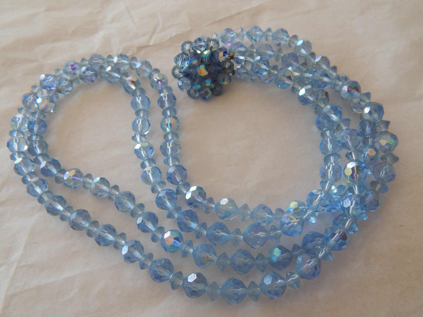 Vtg 2-Strand Blue AB Faceted Crystal Bead Necklace, Cluster Bead Clasp: 23″ Long