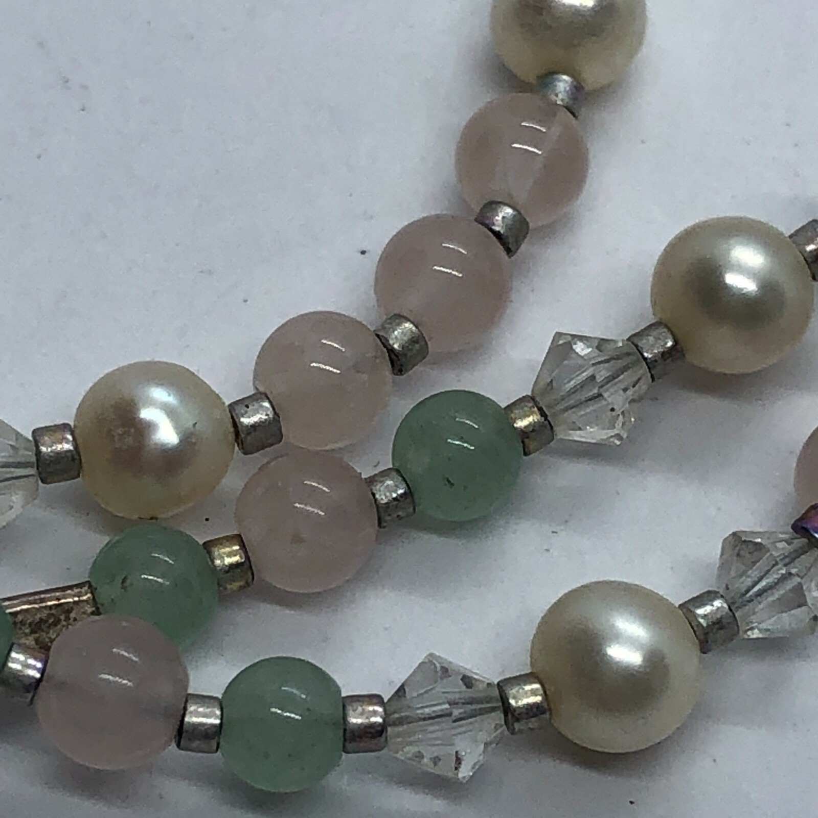Stunning Elegant Vintage Cultured Pearl, Crystal & Rose Quartz Bead 16″ Necklace
