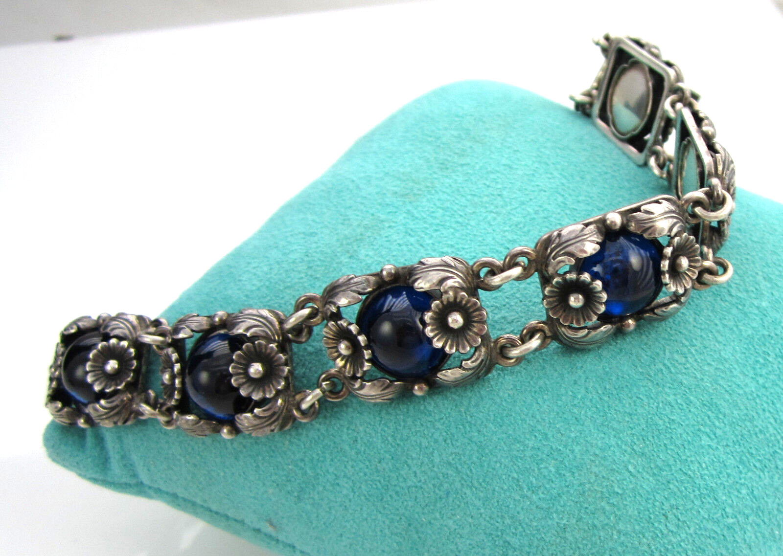 Estate Vintage Sterling Silver Blue Cabachon NIELS ERIK DENMARK Flower Bracelet