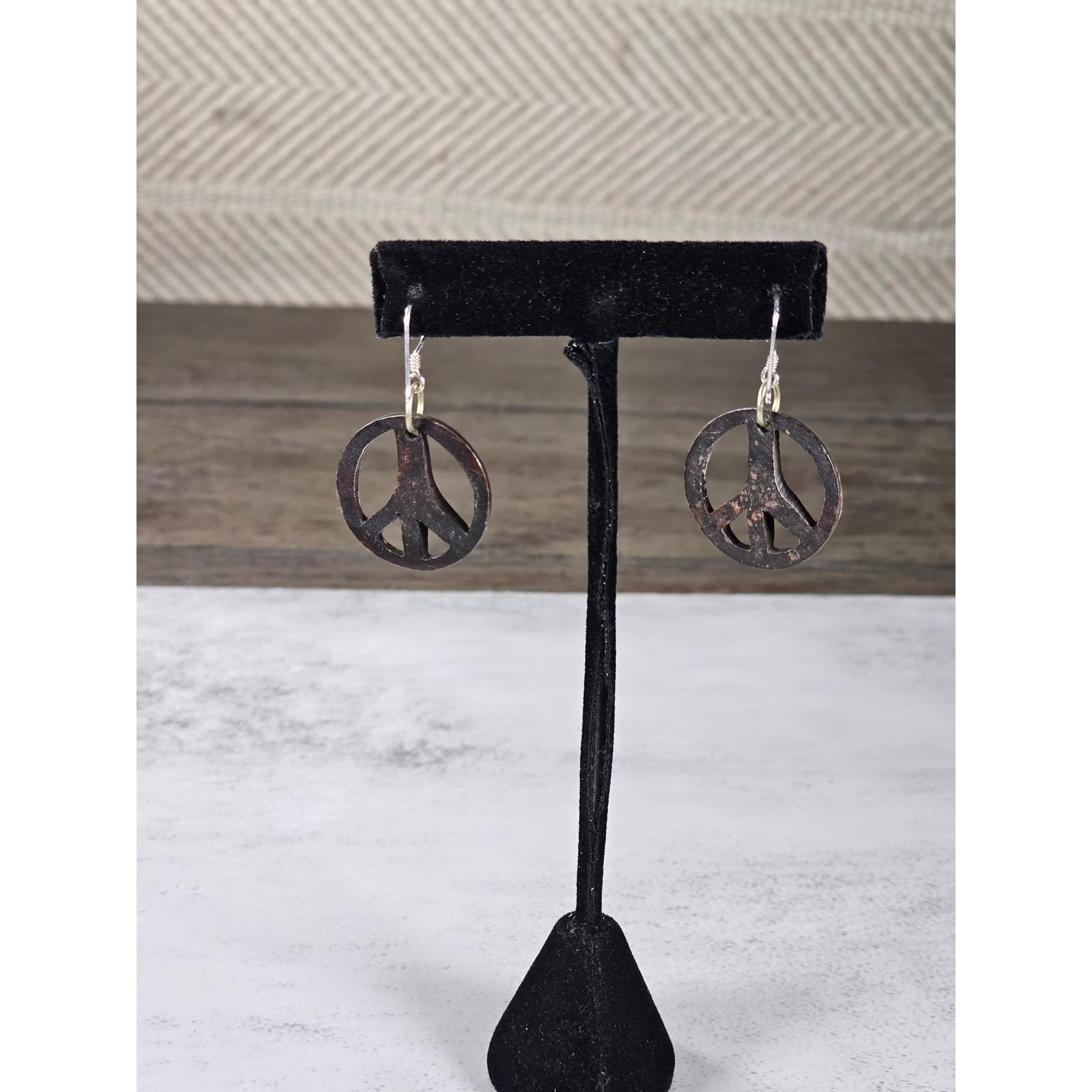 Vintage Peace Sign Dangle Earrings White Brown Two Tone Boho