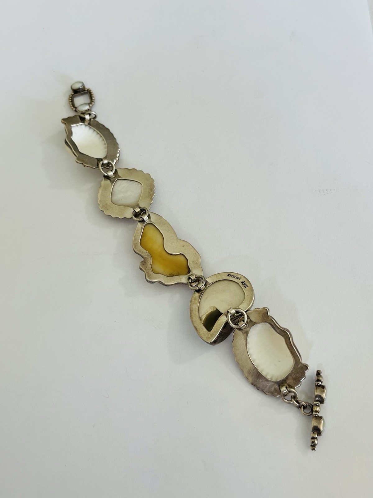 Vintage Sterling Silver AMY KAHN RUSSELL Mother Of Pearl Carved Fish Bracelet