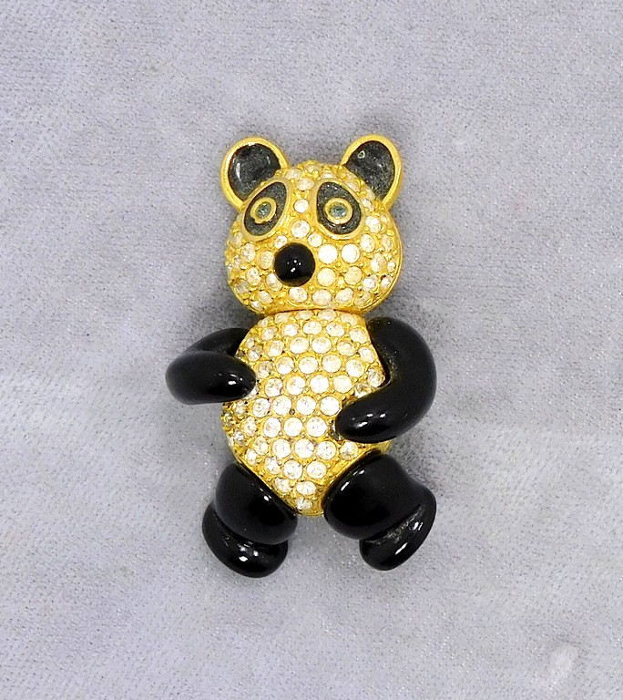 Joan Rivers Pave Crystal & Acrylic Articulated Panda Bear Brooch Costume Jewelry