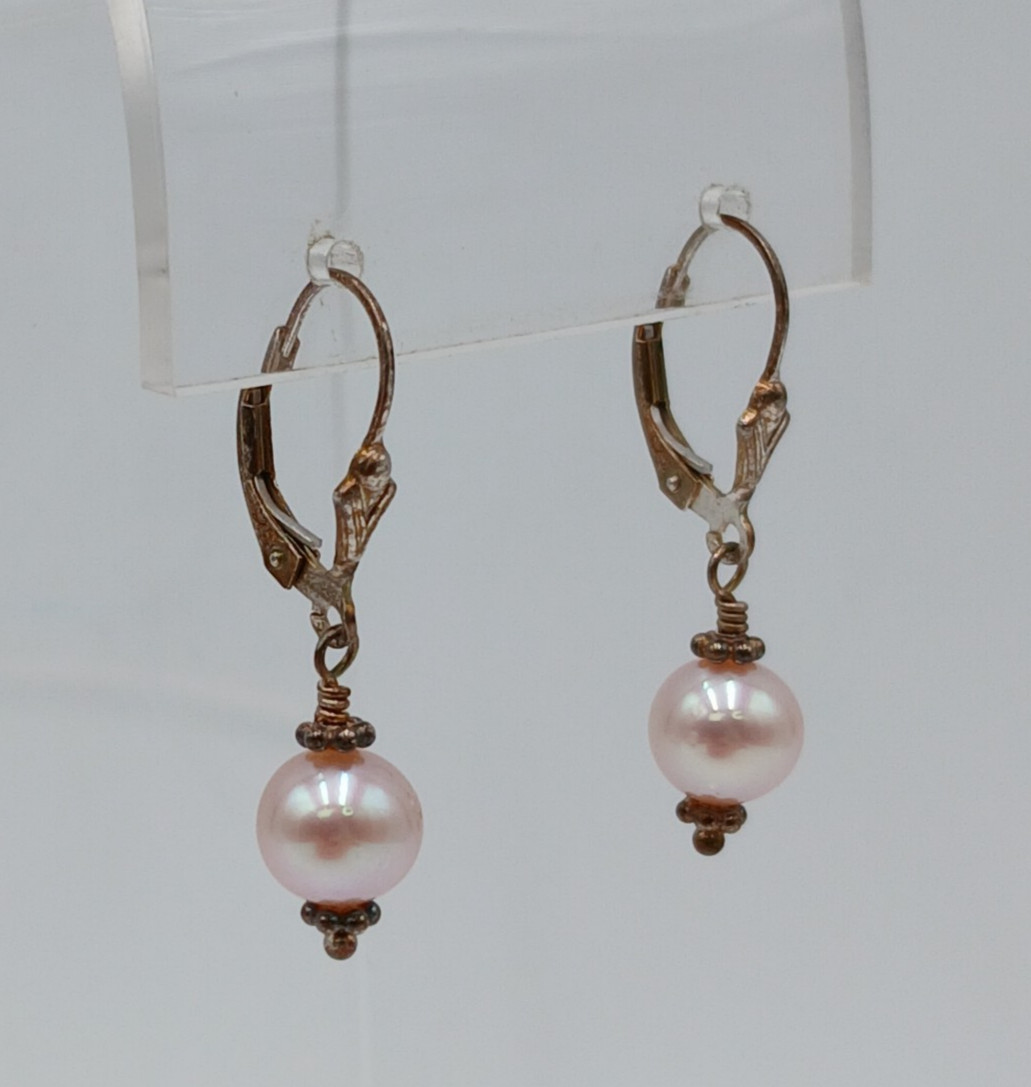 VTG 925 Pink Pearl Dangle Earrings 1.25in Drop Sterling Silver 2.3g Blush Estate