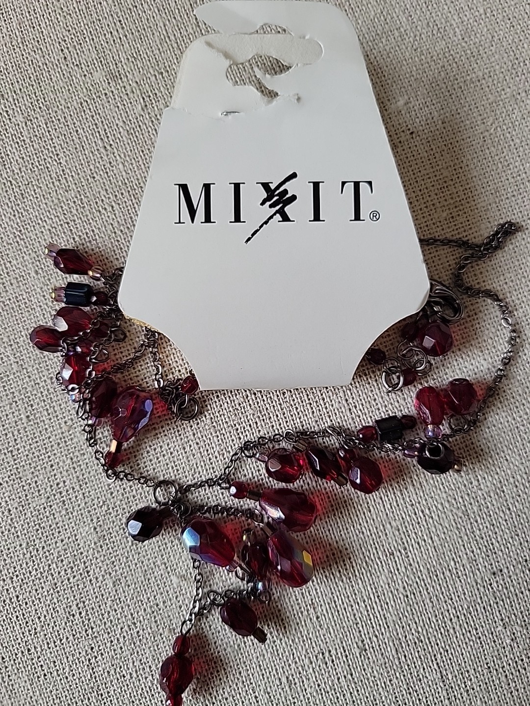 Vintage Ruby Red Faceted Glass Teardrop Iridescent Beaded Necklace On 22″ Chain