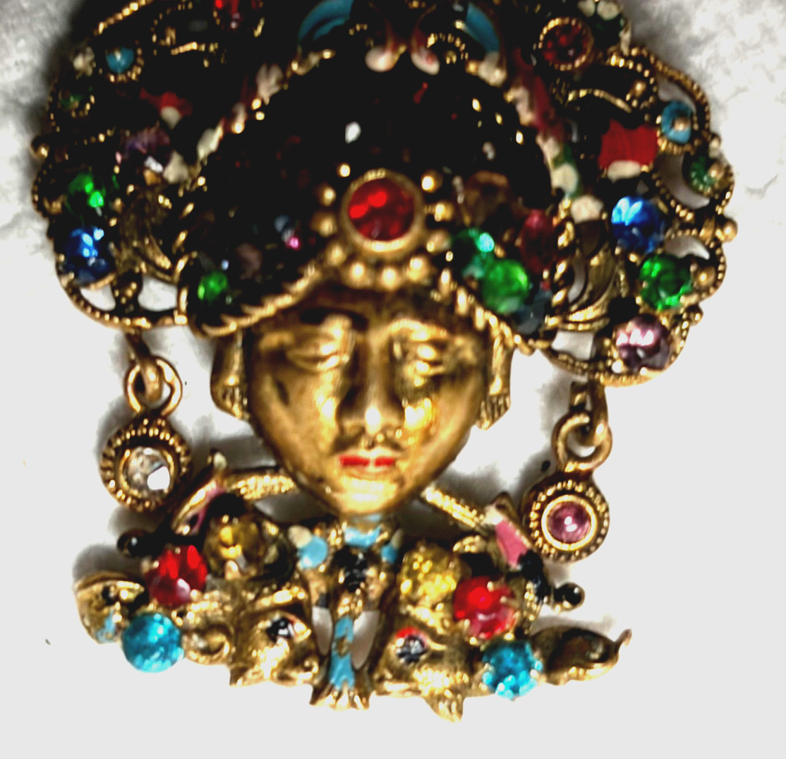 Antique Czech Art Deco Bohemian Glass Filigree Enamel Brooch Turban Sultan 1920s
