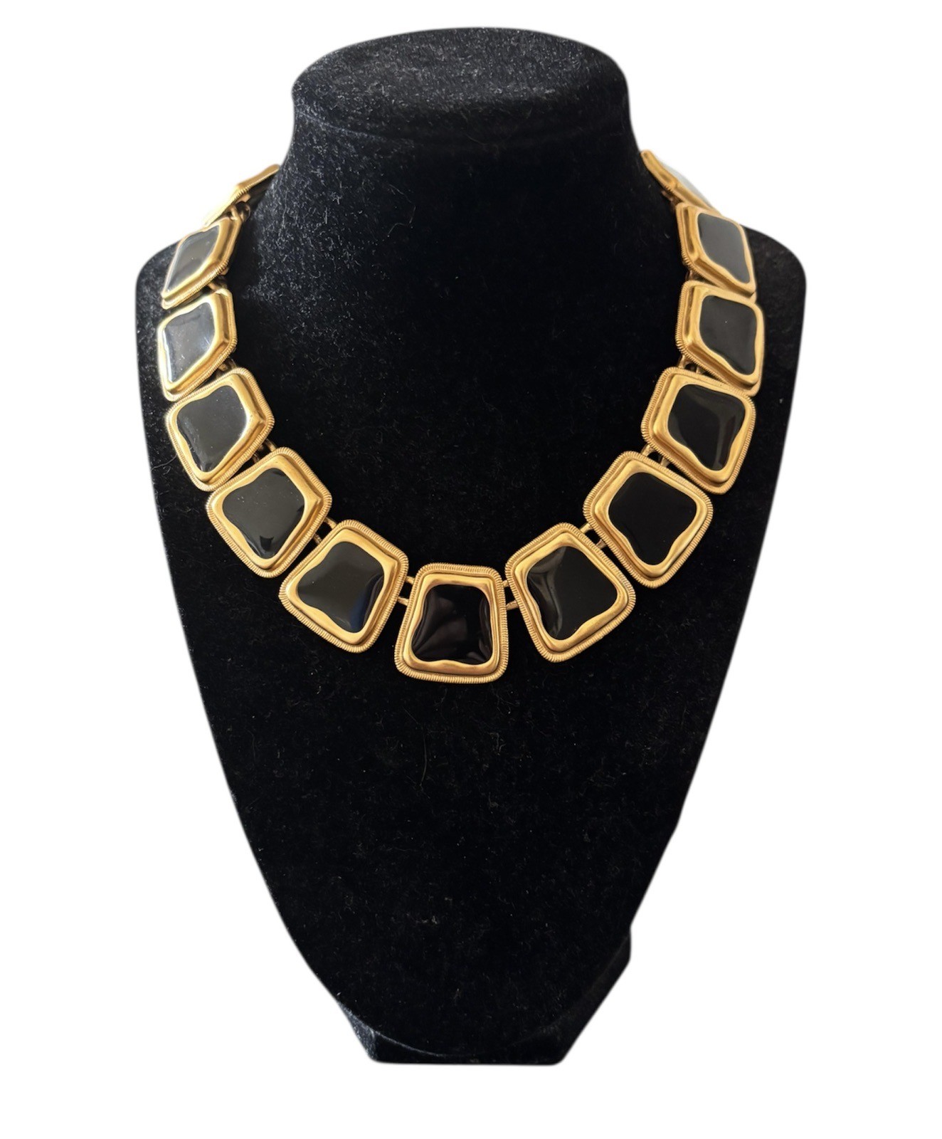 Anne Klein Vintage Gold Plated Black Enamel Geometric Choker Necklace