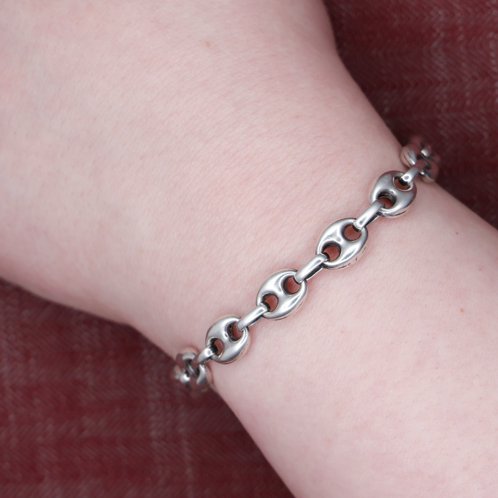 Vintage French Sterling Puffy Mariner Anchor Link Bracelet 8 inches 20 cm