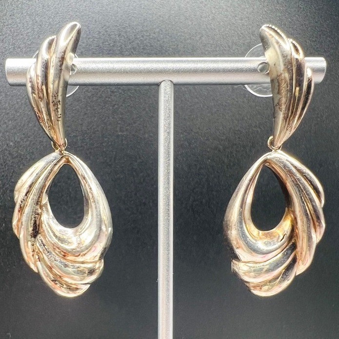 Vintage Sterling Silver Drop Earrings Swirl Sweeping Ribbon 7g 2X.75″