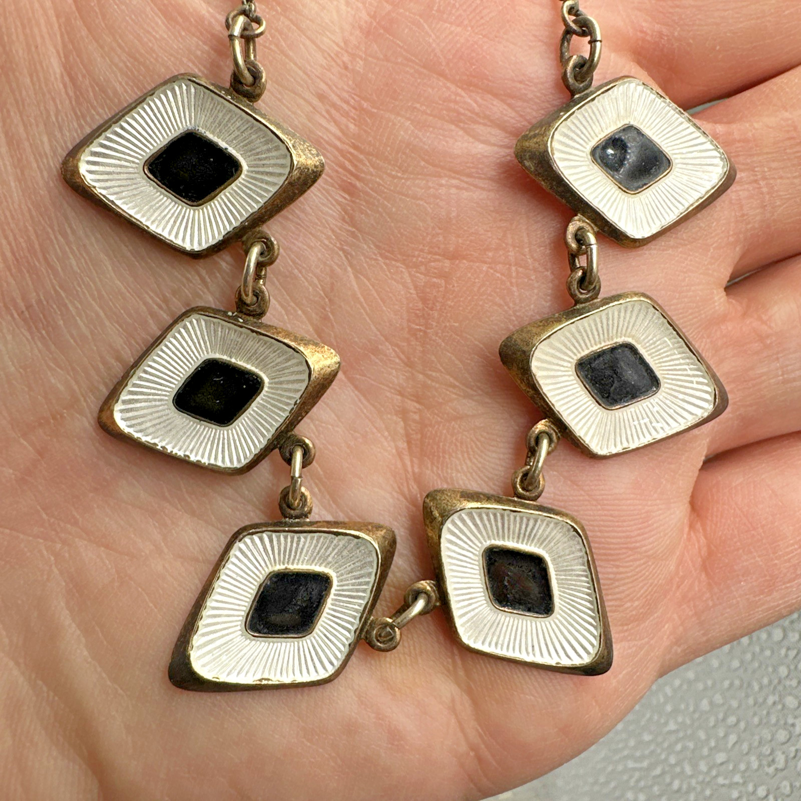 Vtg Albert Scharning Necklace Sterling Silver White Black Enamel MCM Norway 16″