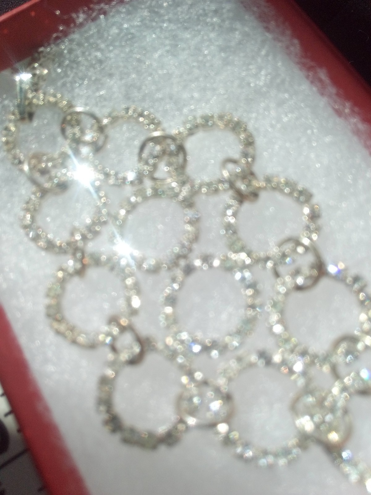 Neckl: 25, 2-1/2″ Pendant of Rhinestone Circles, ST, 17″ Chain, Lobster Clasp