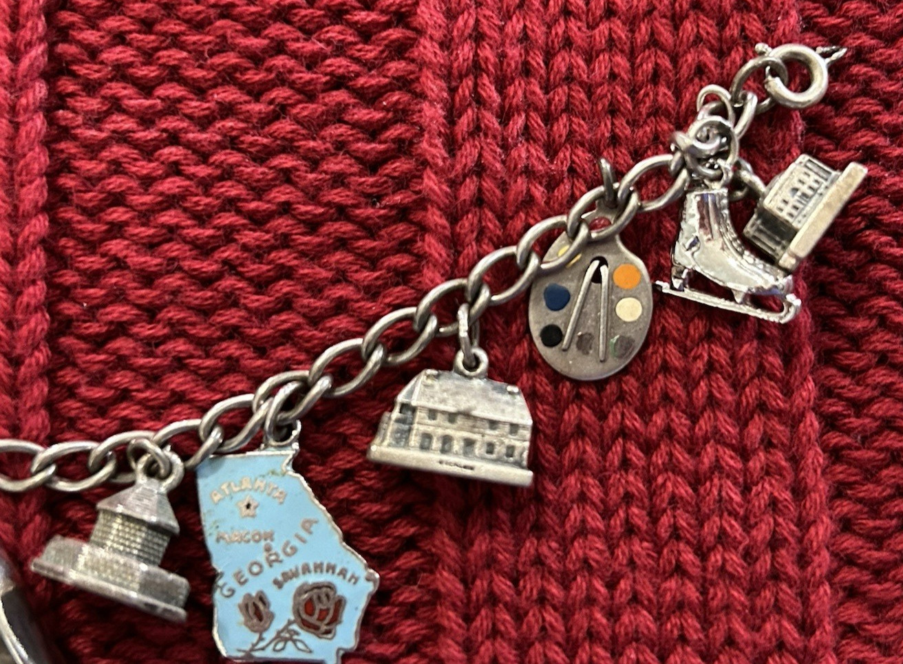 Vtg Sterling Silver Charm Bracelet w 15 Travel Buildings State Diploma UTC 47g