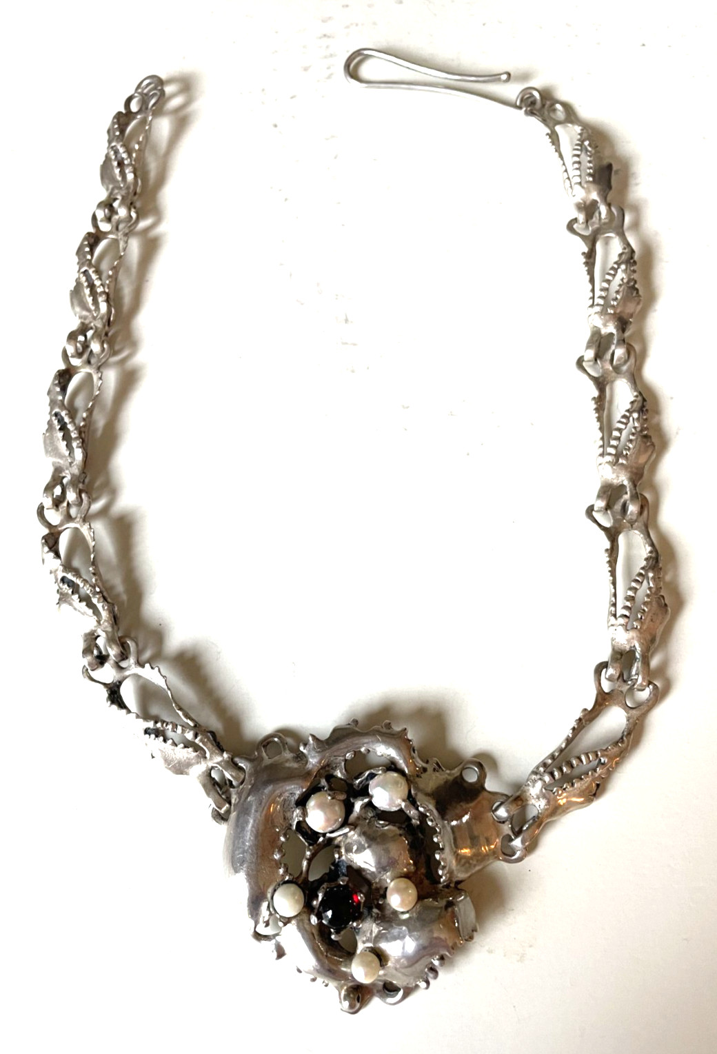 Vintage Brutalist Sterling Silver Necklace Pearl Garnet Organic Modernist 49g