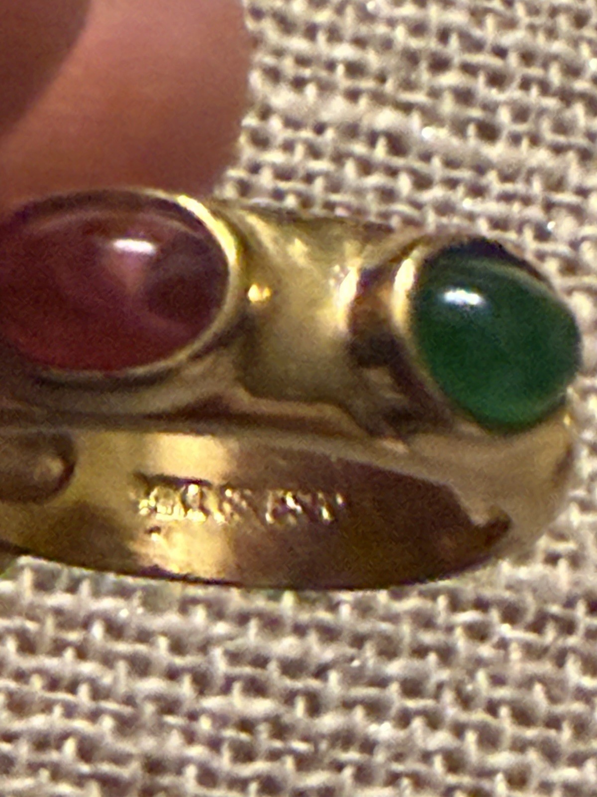 VTG 14 kt gold plated cabochon gemstones: a sapphire, a ruby, and an emerald, 6