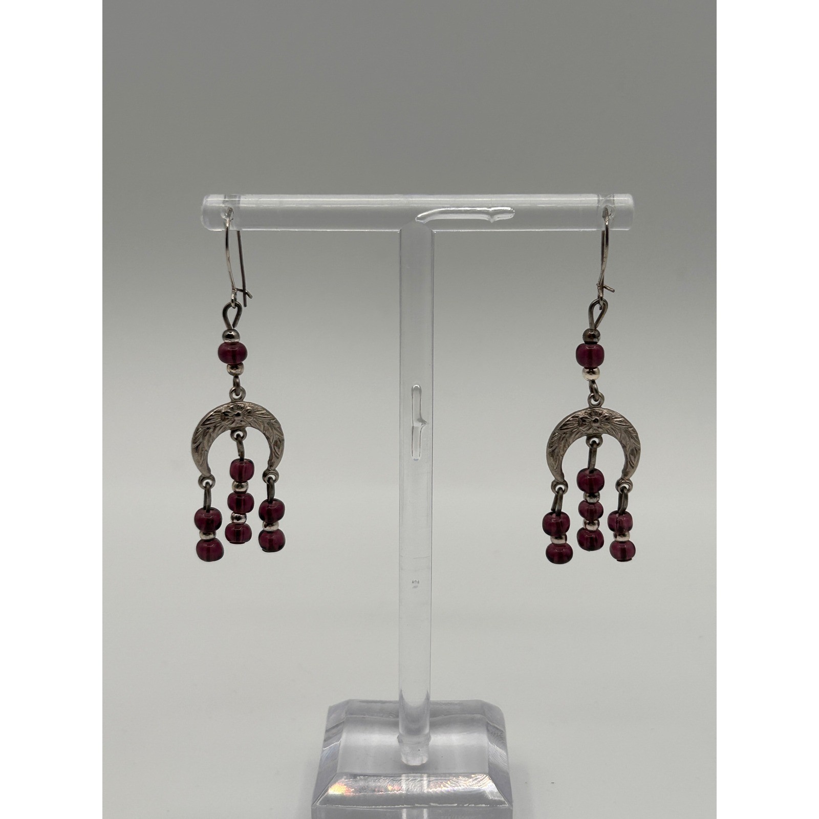 Vintage Silver Tone Purple Beaded Chandelier Dangle Drop Earrings Boho