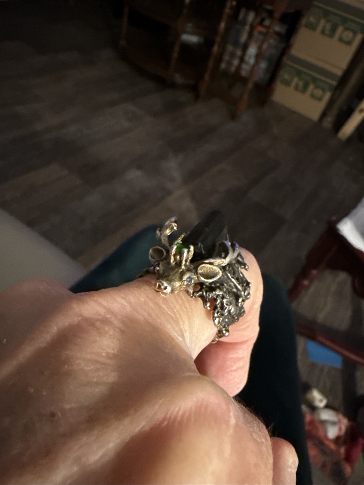 Vintage Reindeer Ring Sterling With A Black Beryl Stone And A Green Stone Size 8