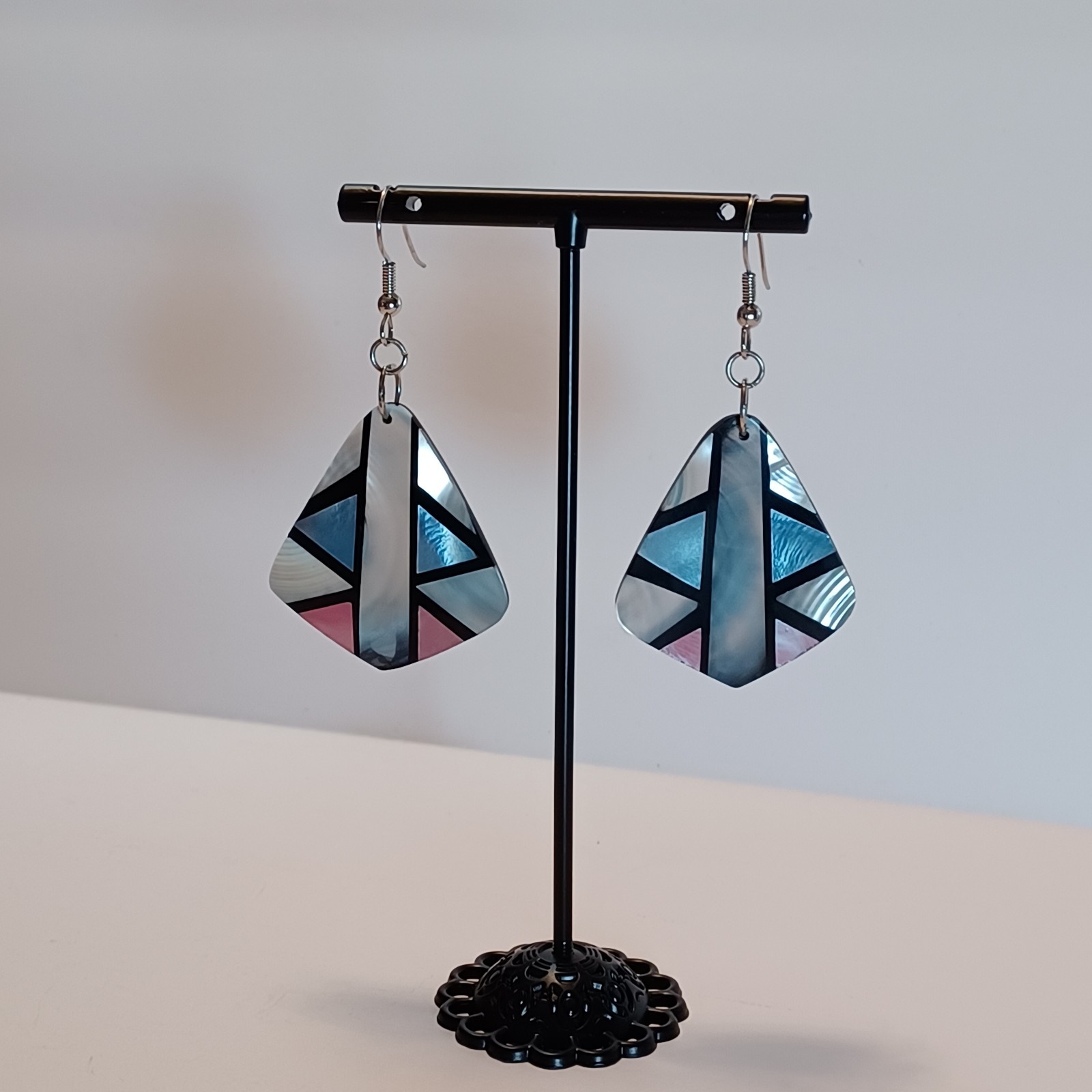 Vintage Shell Inlay Earrings Pink White Blue Black Gray