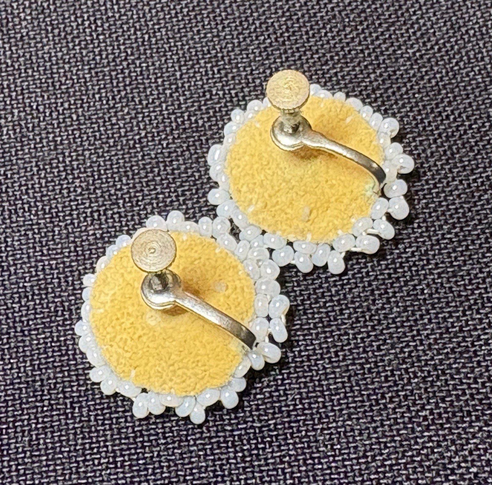 Blue, Black & White Seed Bead Starburst Screw Back Earrings Hand Sewn Vintage