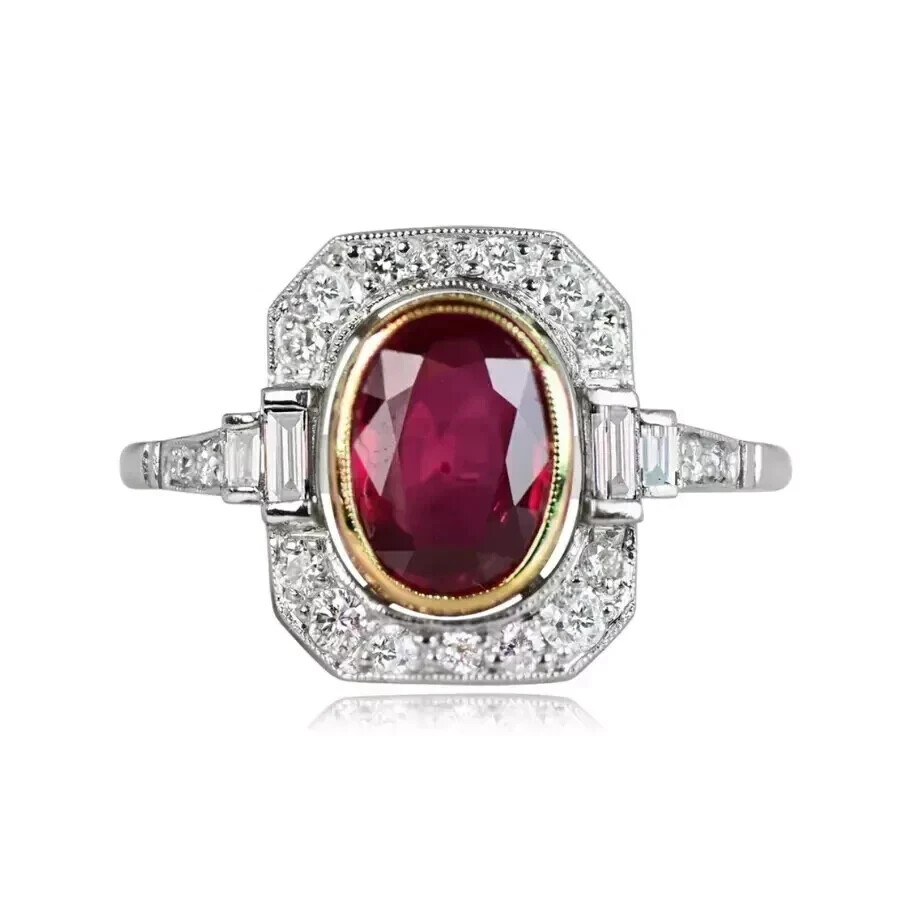 2.50 Ct Art Deco Style Oval Cut Ruby And Lab-Created Diamond Wedding Silver Ring