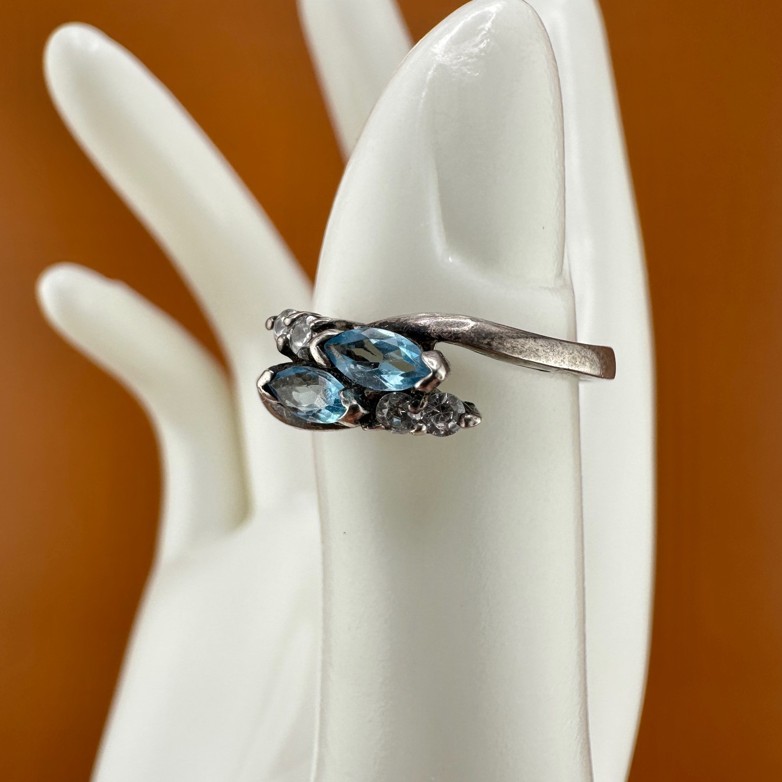 Vintage Sterling Silver Blue Topaz Ring Marquise Cut Dainty Size 6.75 Signed