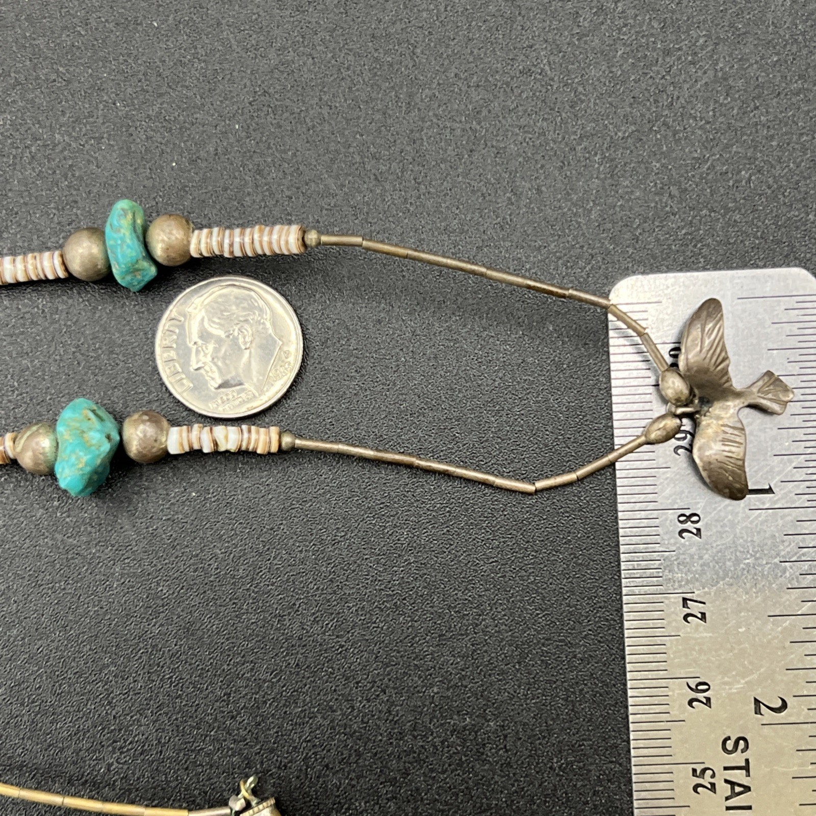 Nativa American VTG Turquoise Heishi Pendant Necklace Peyote Water Bird 17” 9.7g