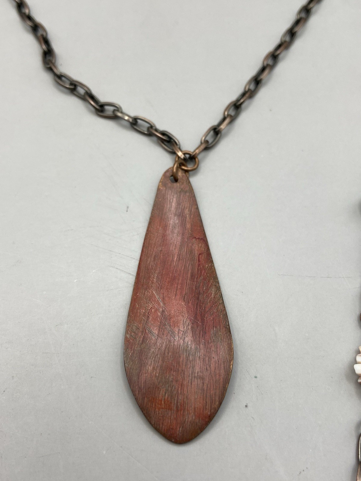 Vintage Three Chain Beaded Shell Necklace Acrylic Copper Tone Estate