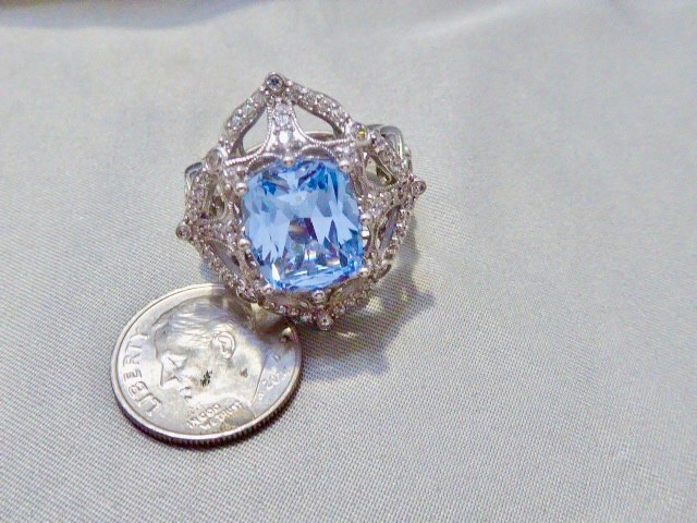 NEW 7CARAT SKY BLUE MINED CUSHION CUT TOPAZ & CZ STERLING RING SIZE 8 RING