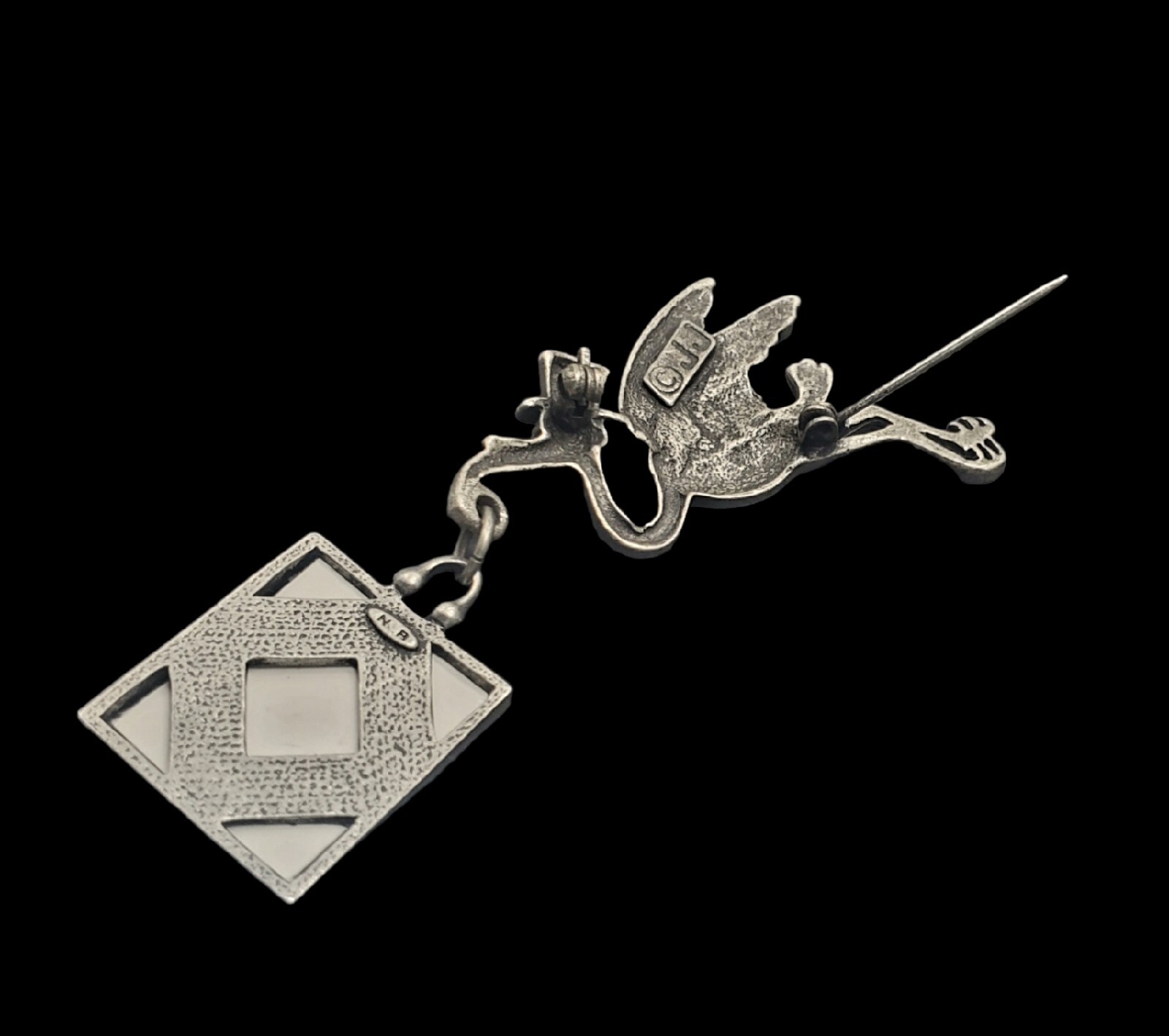 Vintage JJ JONETTE Fantasy Whimsical Flying Stork Bird Photo Frame Pewter Brooch