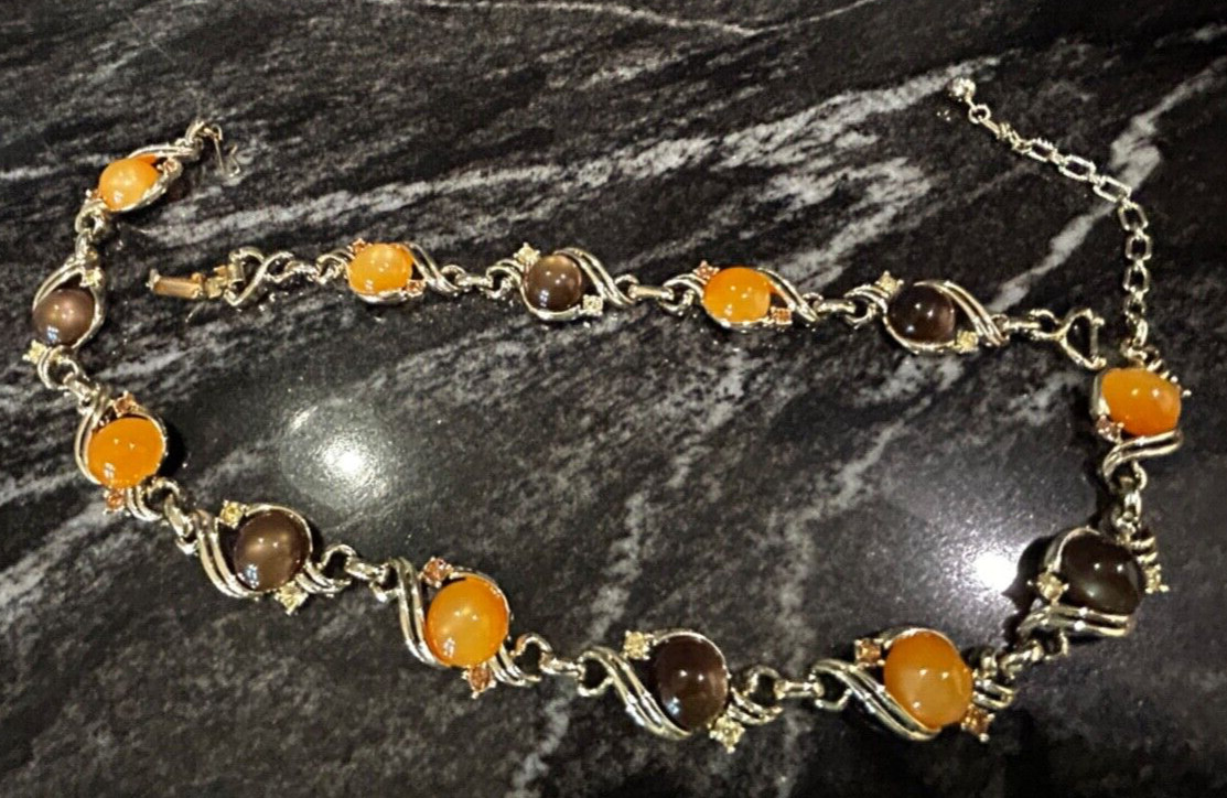 Vintage Peach Brown Moonglow Thermoset Lucite Rhinestone Necklace & Bracelet Set