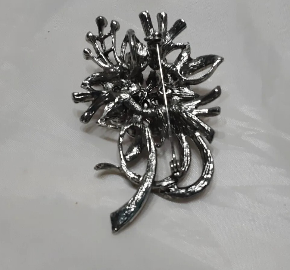 Brooch Pendent Silver Tone Gunmetal Pink Lite Dark Rhinestone Big Flower Bouquet