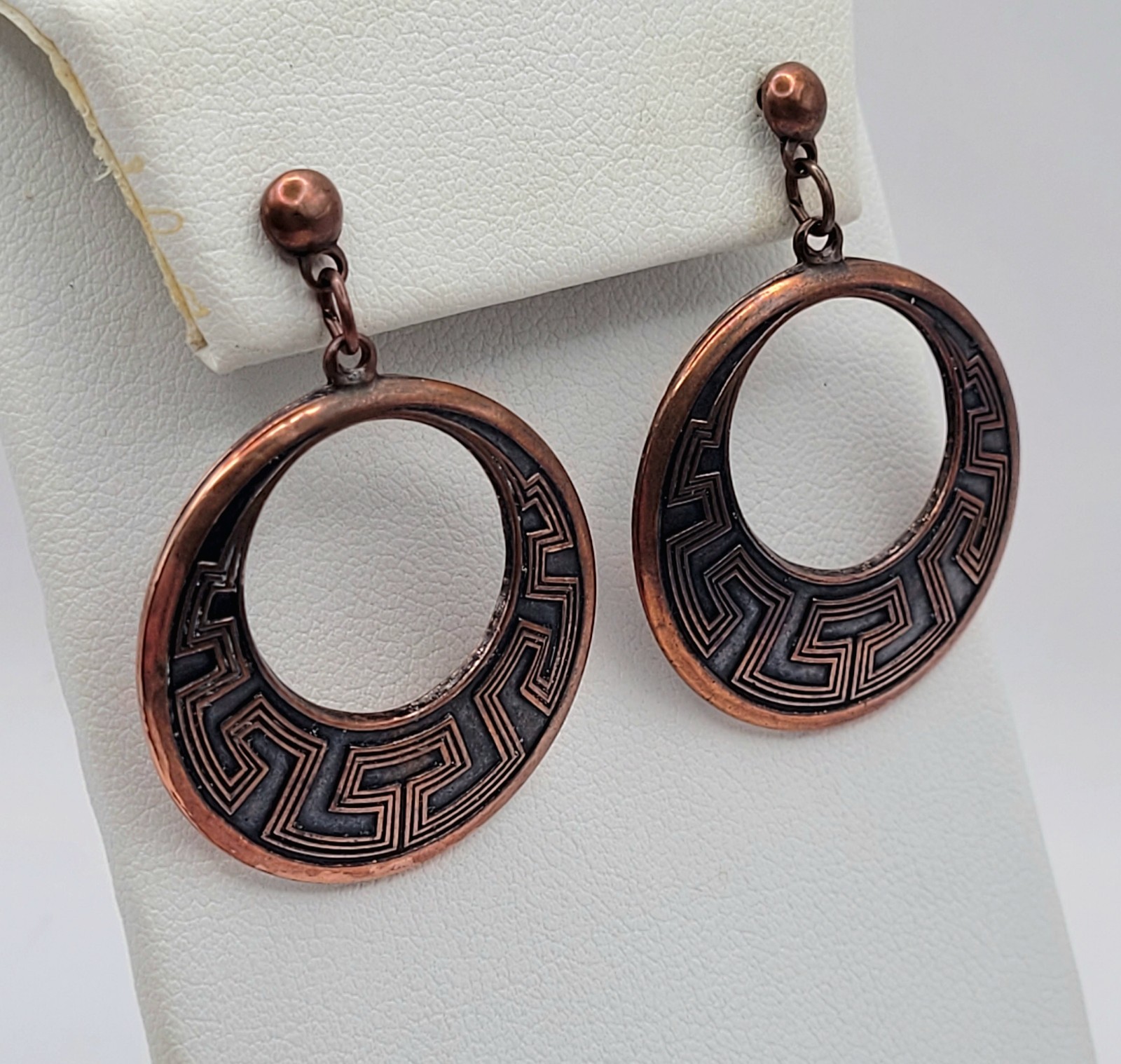 Vintage Sunbell Circle Copper Color Metal Dangle Drop Hoop Earrings Southwest