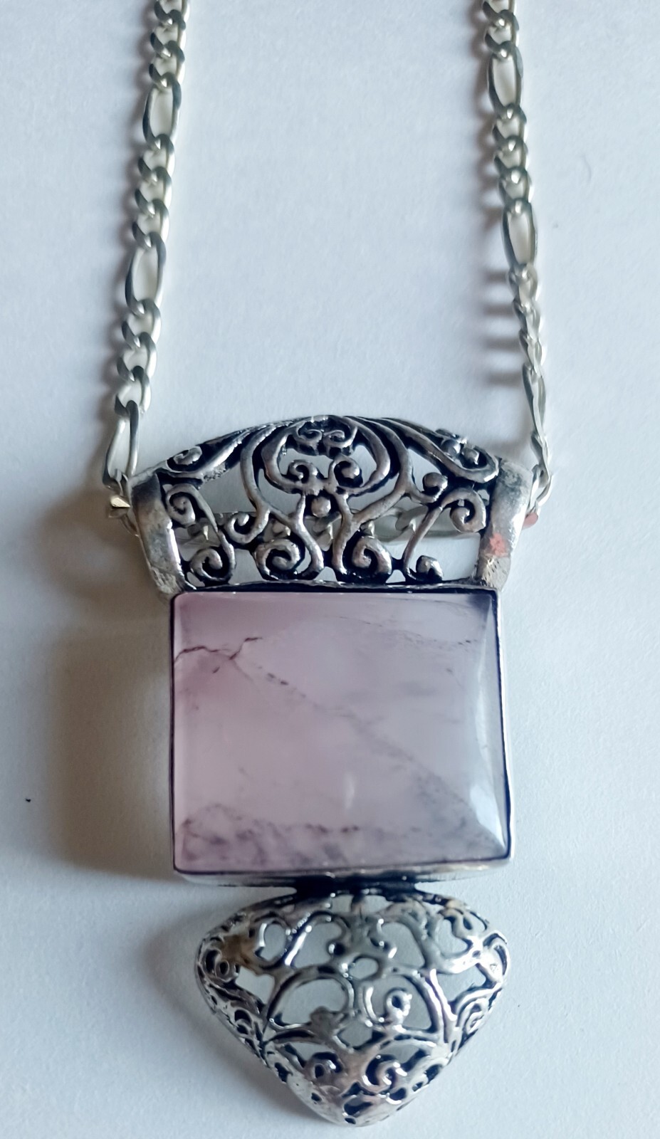 Rose Pink Natural Jadeite & Silver 925 Scrollwork Pendant Necklace