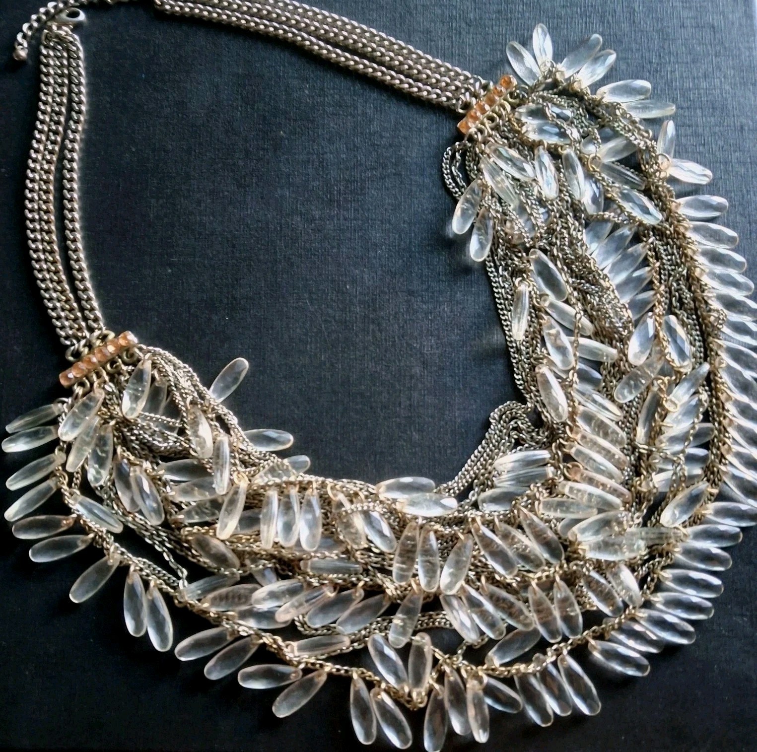 VTG Statement Bib Necklace Multi-Strand Fringe Featuring Clear Lucite Teardrops