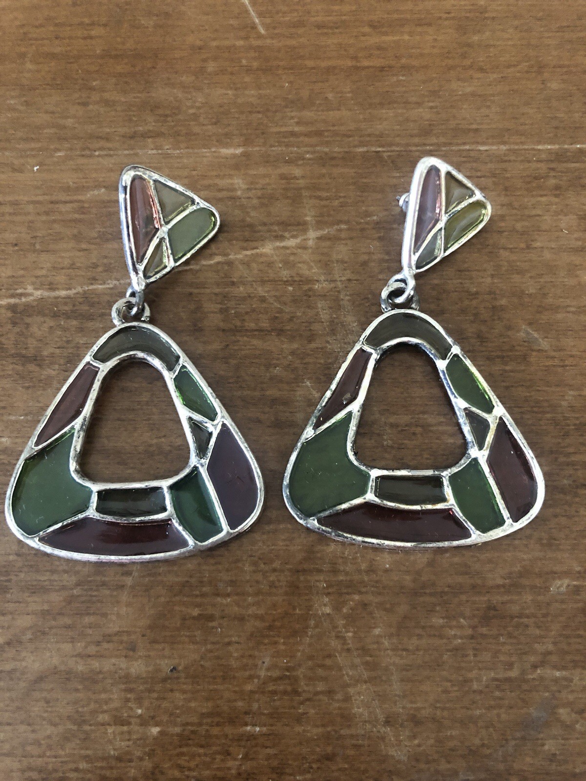 Vintage Mosaic-like Triangular Drop Dangle Earrings Green Brown Earthtones