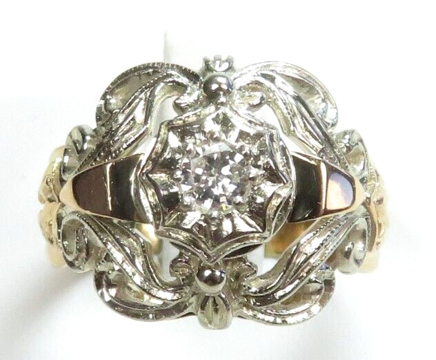 Antique 1920’s Diamond Unisex Engagement 17K Two Tone Ring Size 7.25 UK-O Deco