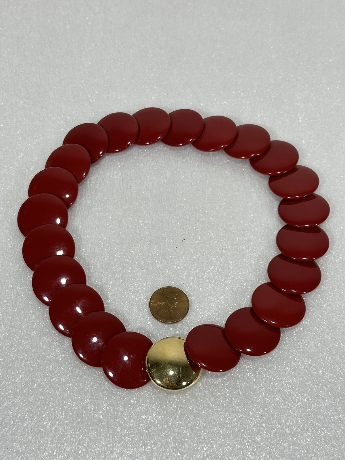Vintage Signed Trifari ~ Red Lucite Disc Retro Statement Burgundy 17″ Necklace