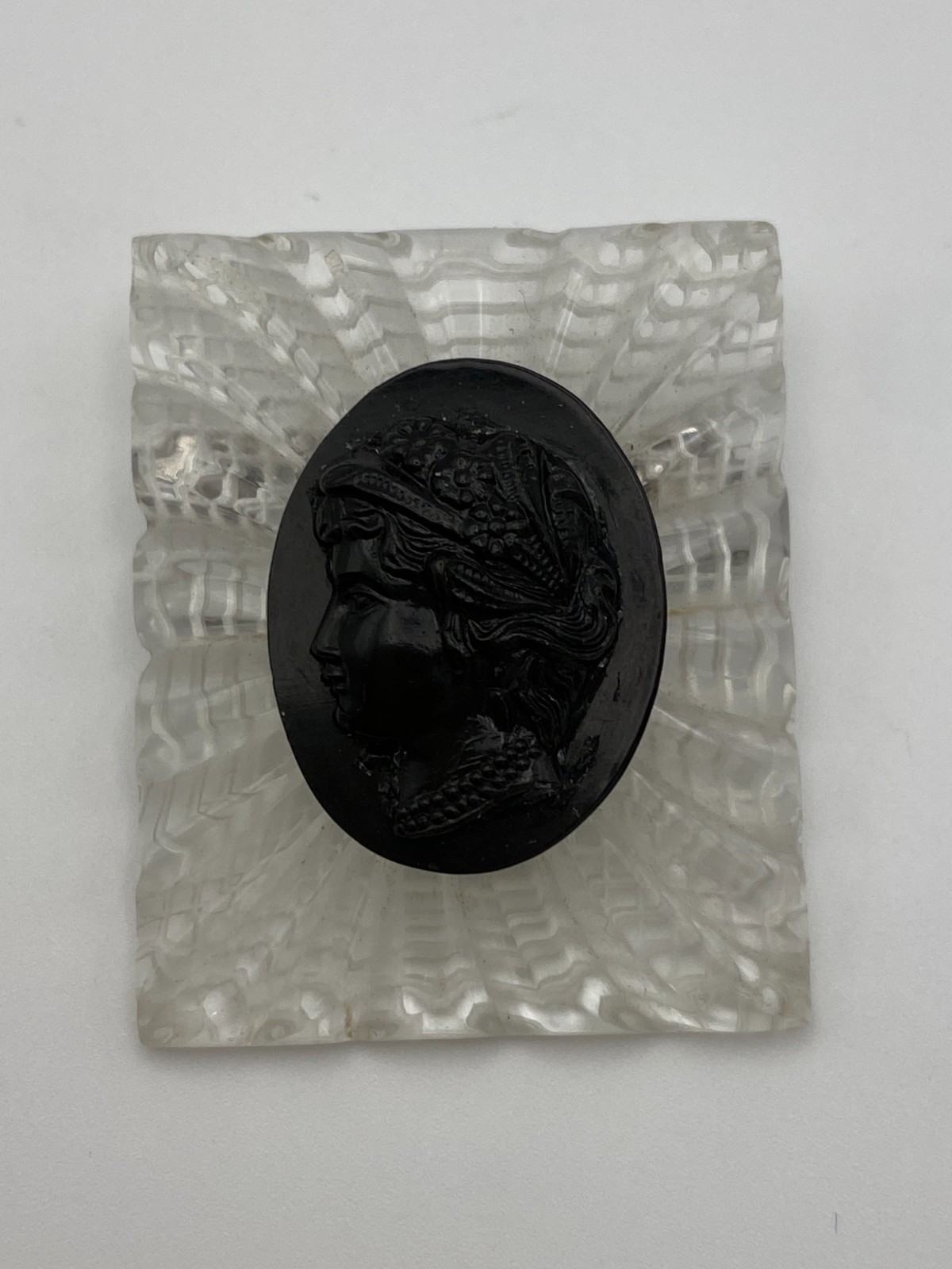 Vintage 1940s Mourning Brooch Black Cameo Reverse Carved Victorian Revival
