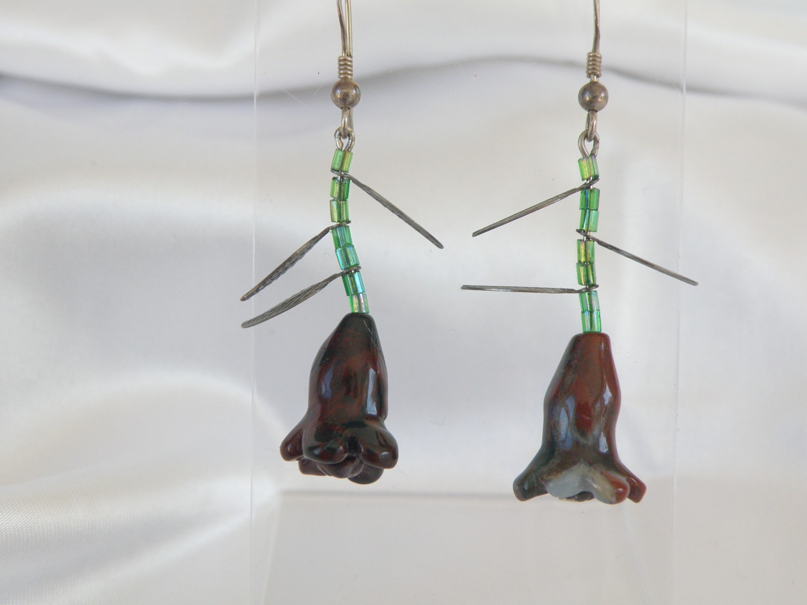 Vintage Sterling Silver 925 Artisan Tulip Flower Carved Stone Dangle Earrings