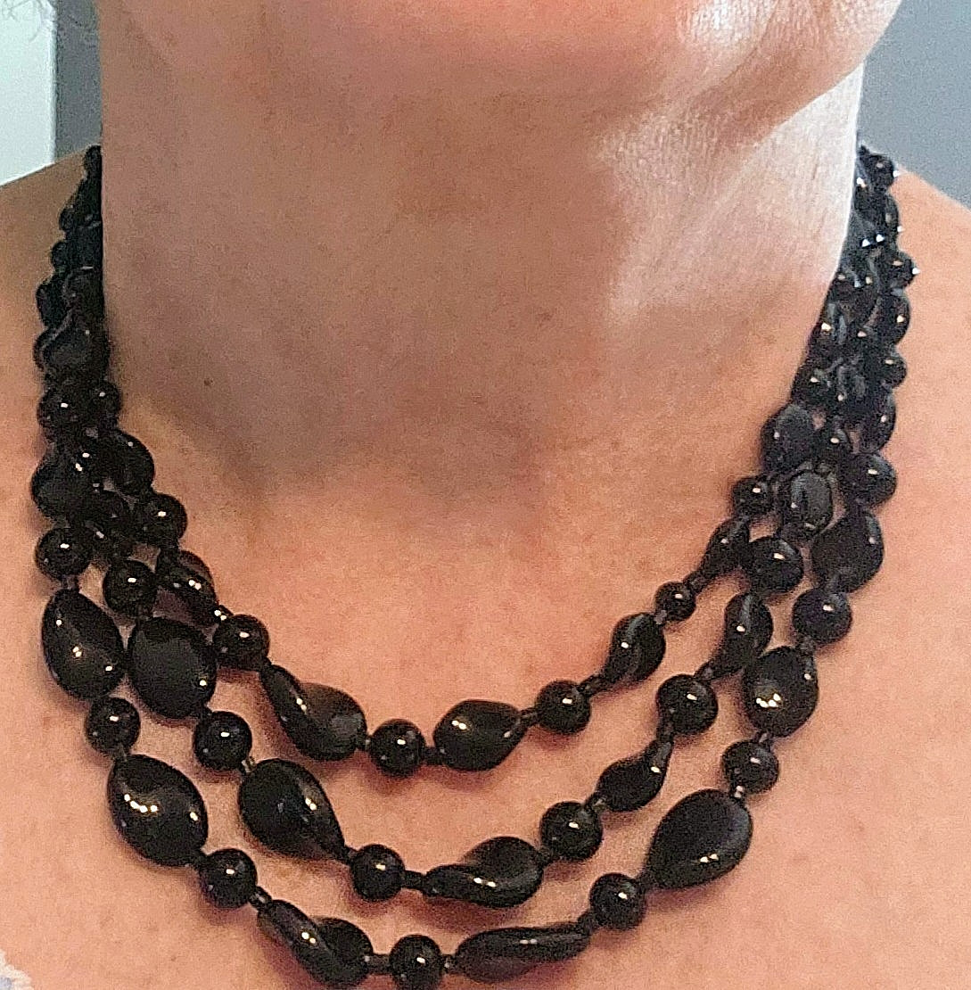 Japan Retro Vintage Necklace Black 3 Strand Glass Beads Metal Hook Clasp