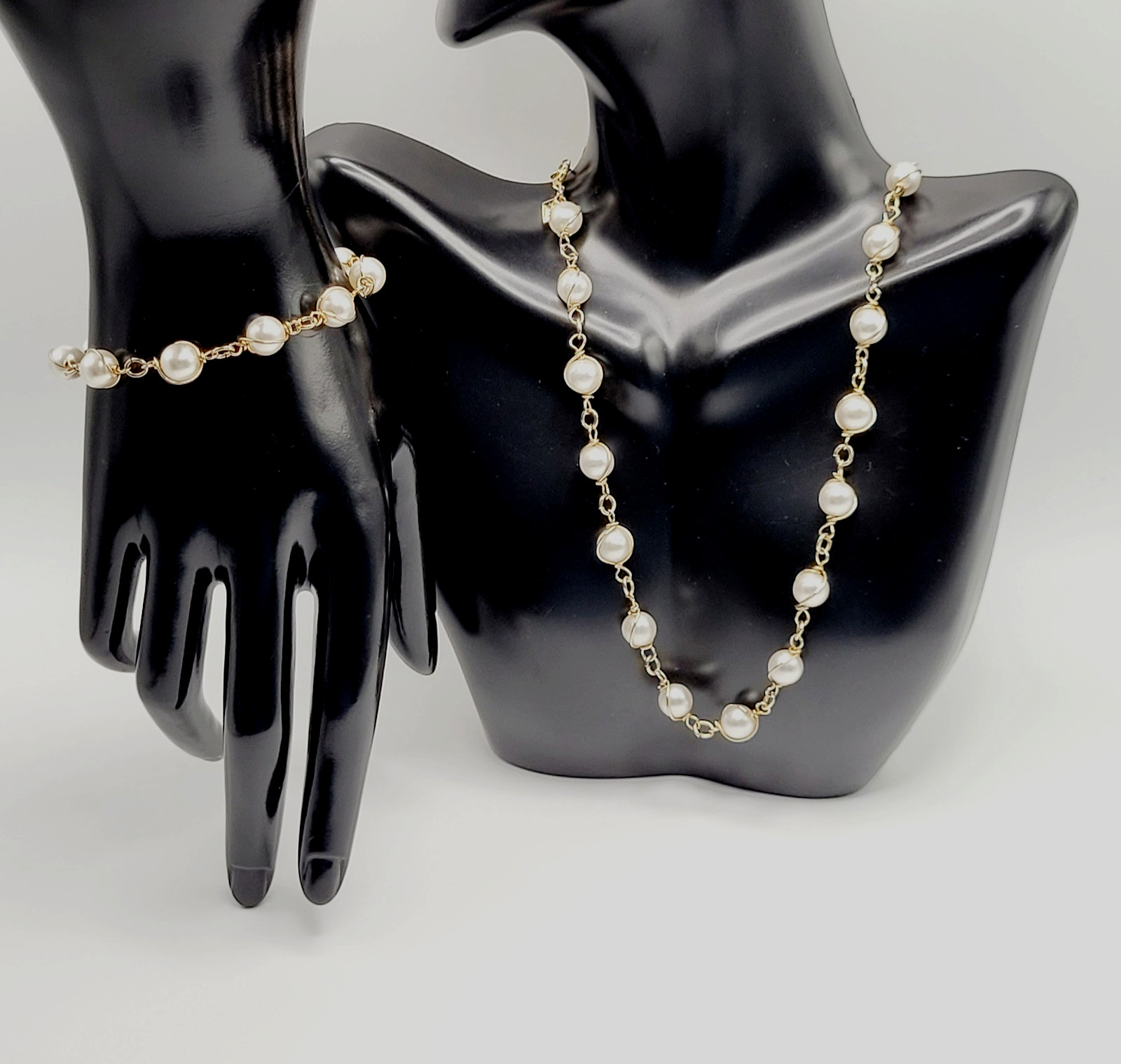 Sarah Coventry Faux Pearl Caged Style Bracelet 7.25 in Necklace 16 in Vtg Signed