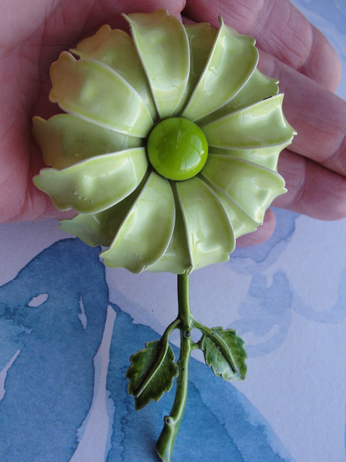 Vintage Enamel Flower Brooch Pretty Tiered Zinnia Sft Mint Lime Kelly Green 1960