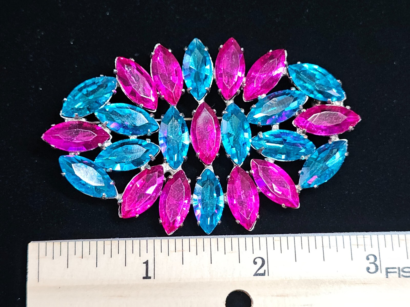 Vtg Neon Pink and Blue 3″ Rhinestone Brooch Pin