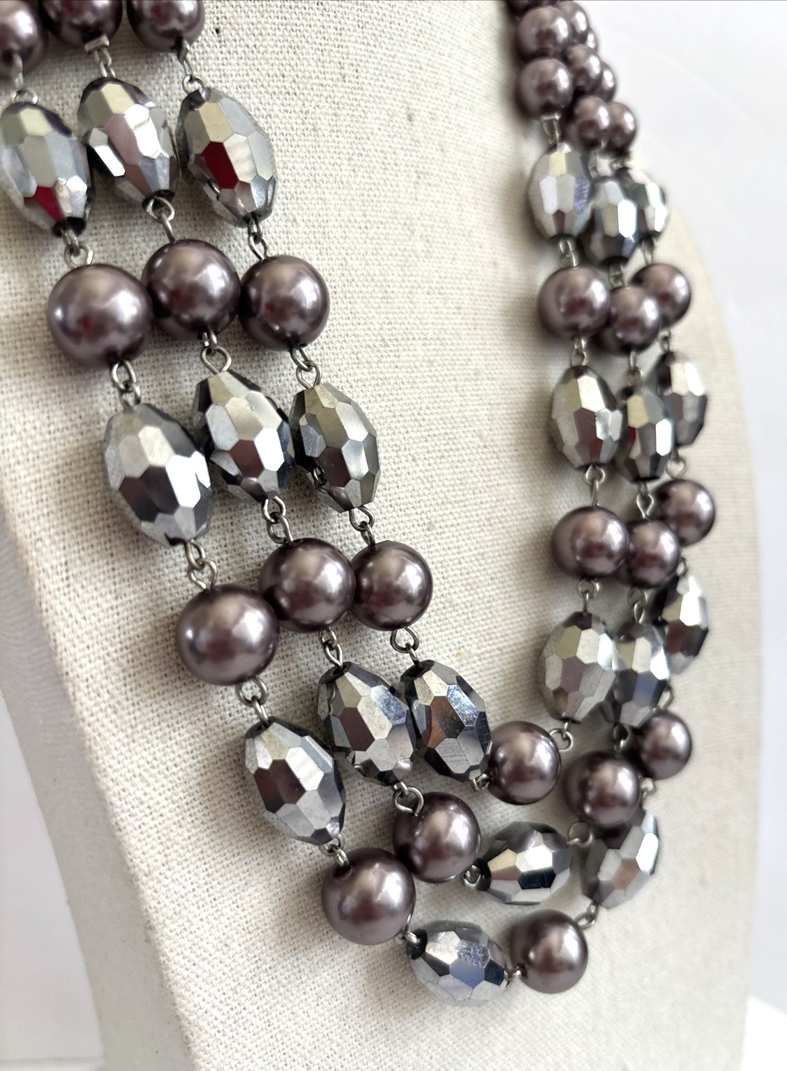 Crown Trifari gray pearl and Mercury Coated bead three strand necklace